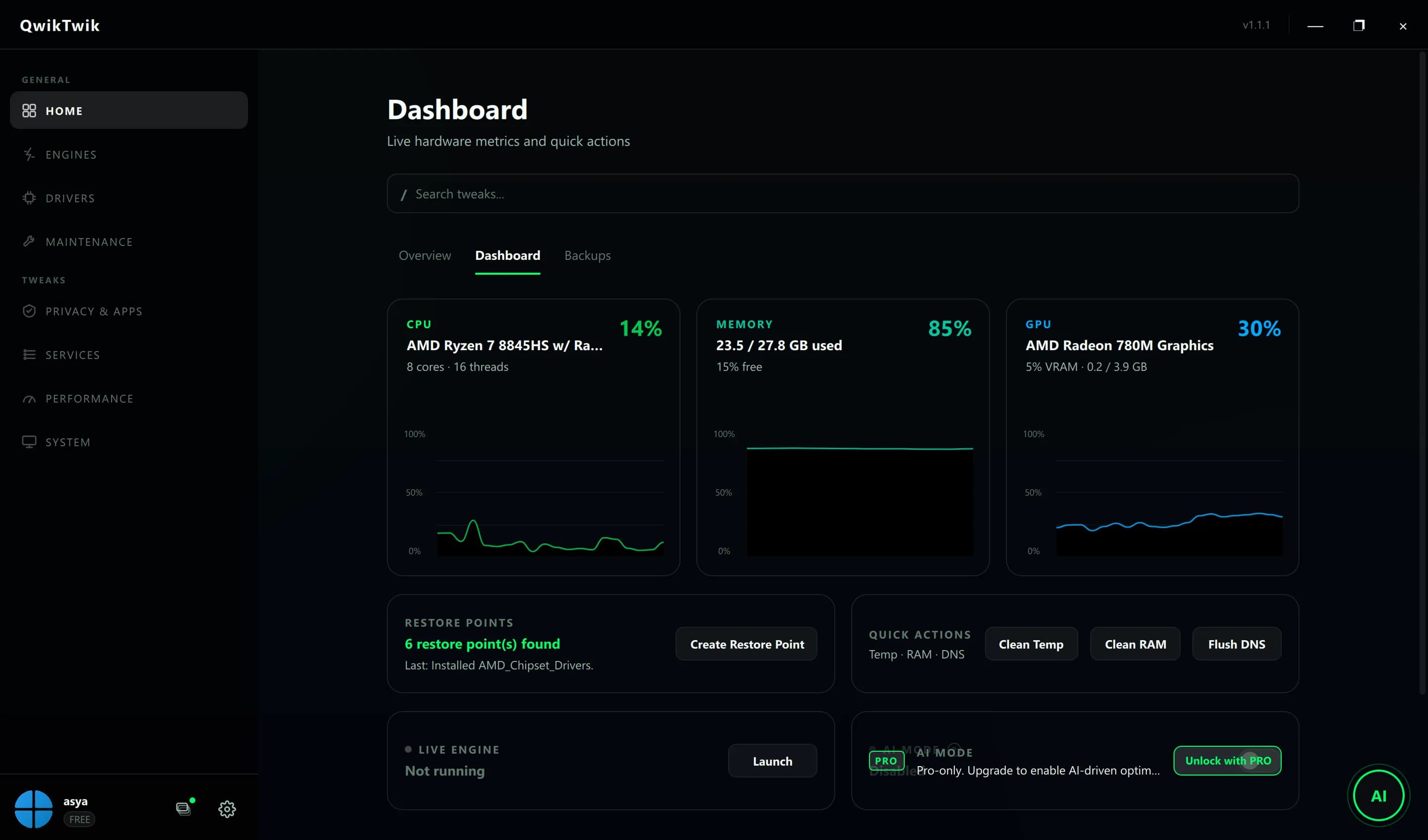QwikTwik Free Tweaks tab showing Cleanup, Maintenance, Backups, and basic Windows optimization toggles