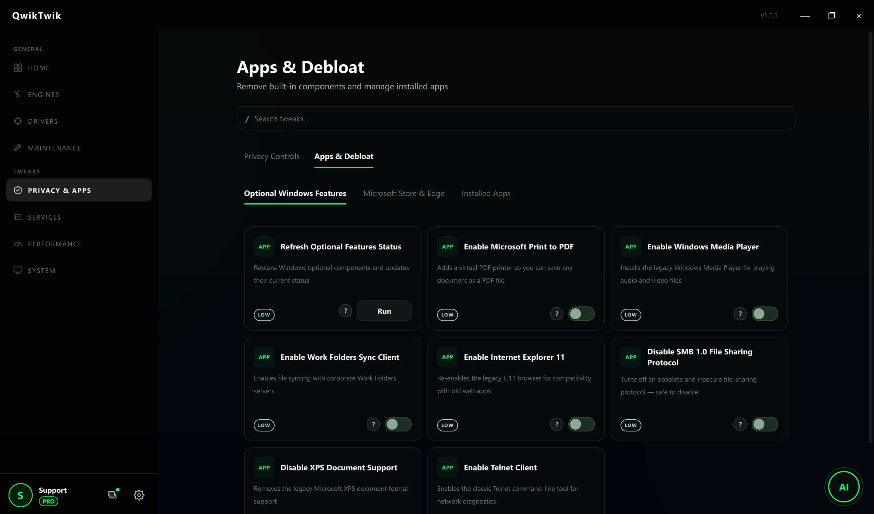 QwikTwik Privacy and Apps tab showing safe debloat categories with restore-point safeguards