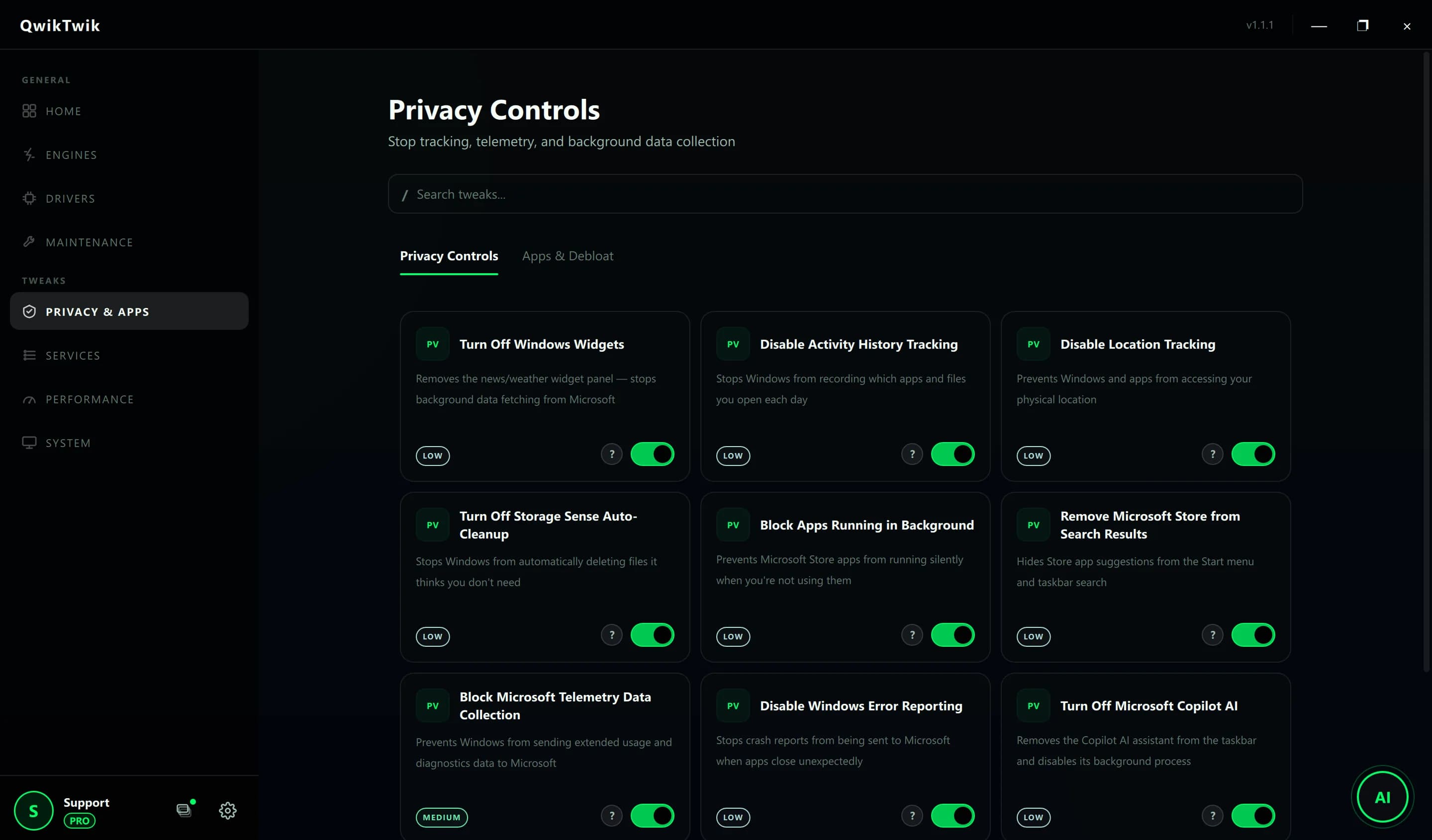 QwikTwik Privacy Controls tab disabling Windows telemetry and diagnostics for gaming performance