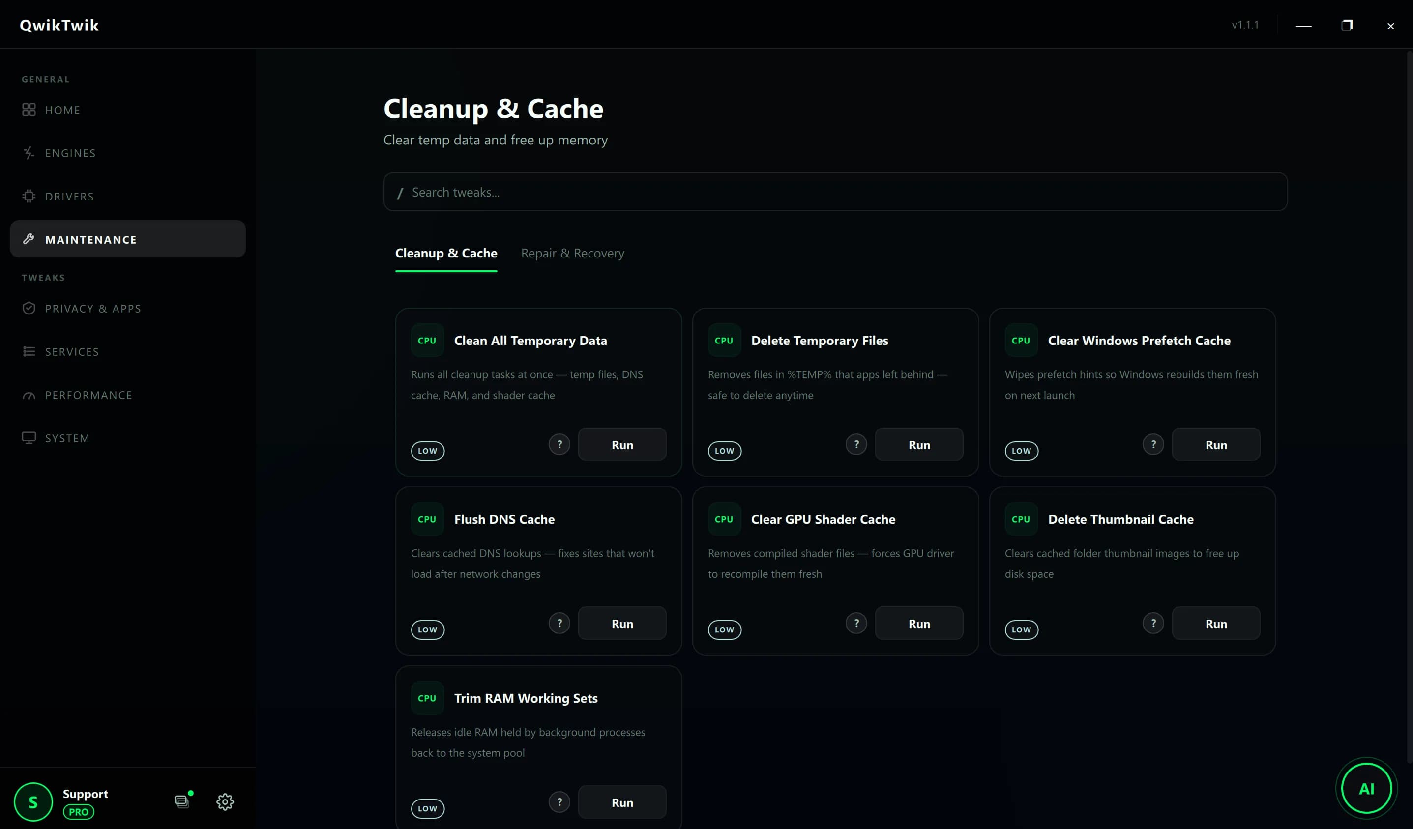 QwikTwik Maintenance Cleanup and Cache tab running on a low-end Windows PC