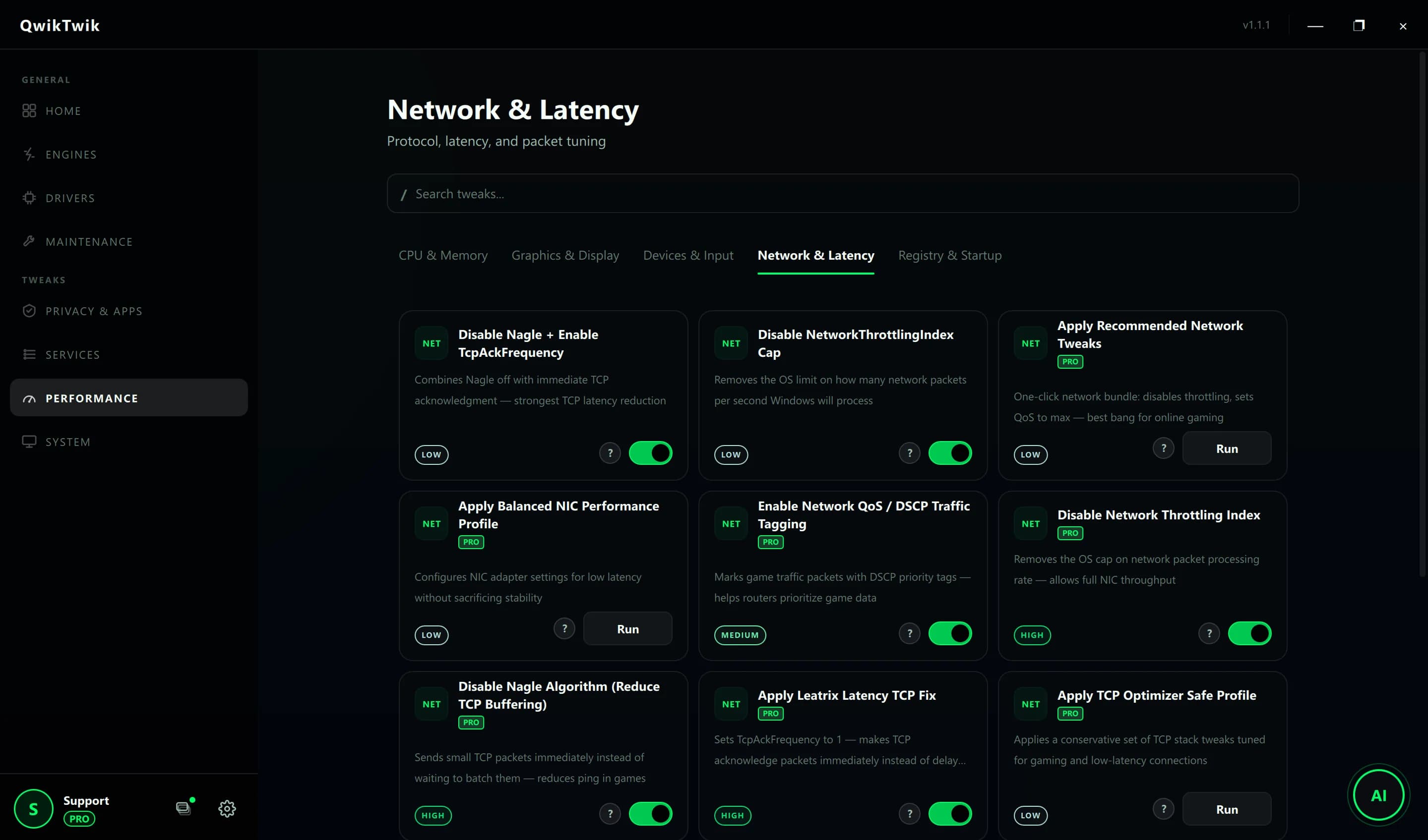 QwikTwik Network Optimization tab with NIC profile and QoS DSCP tagging settings