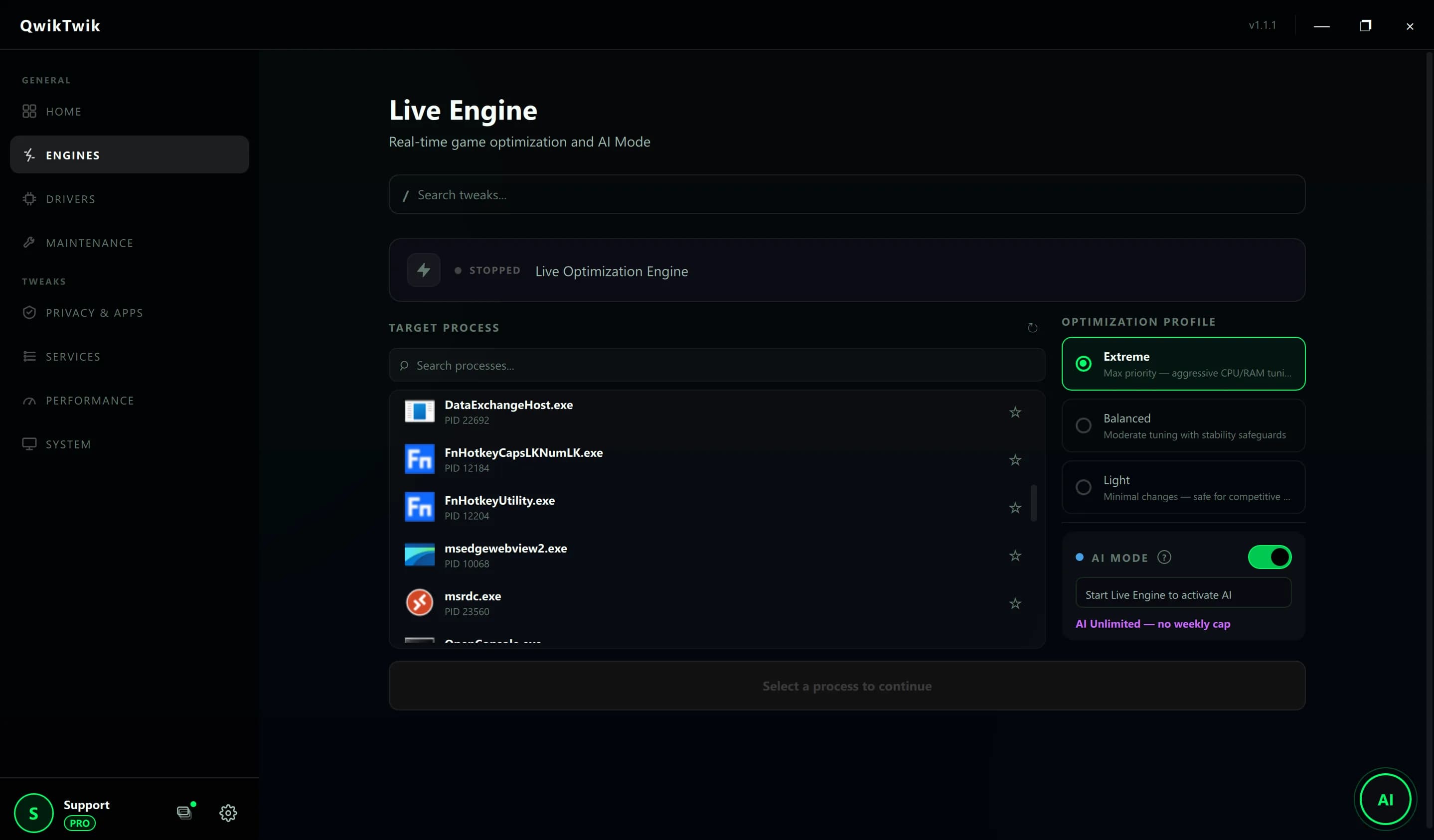 QwikTwik Engines and Maintenance tabs side-by-side, applying Windows 11 gaming optimization profile