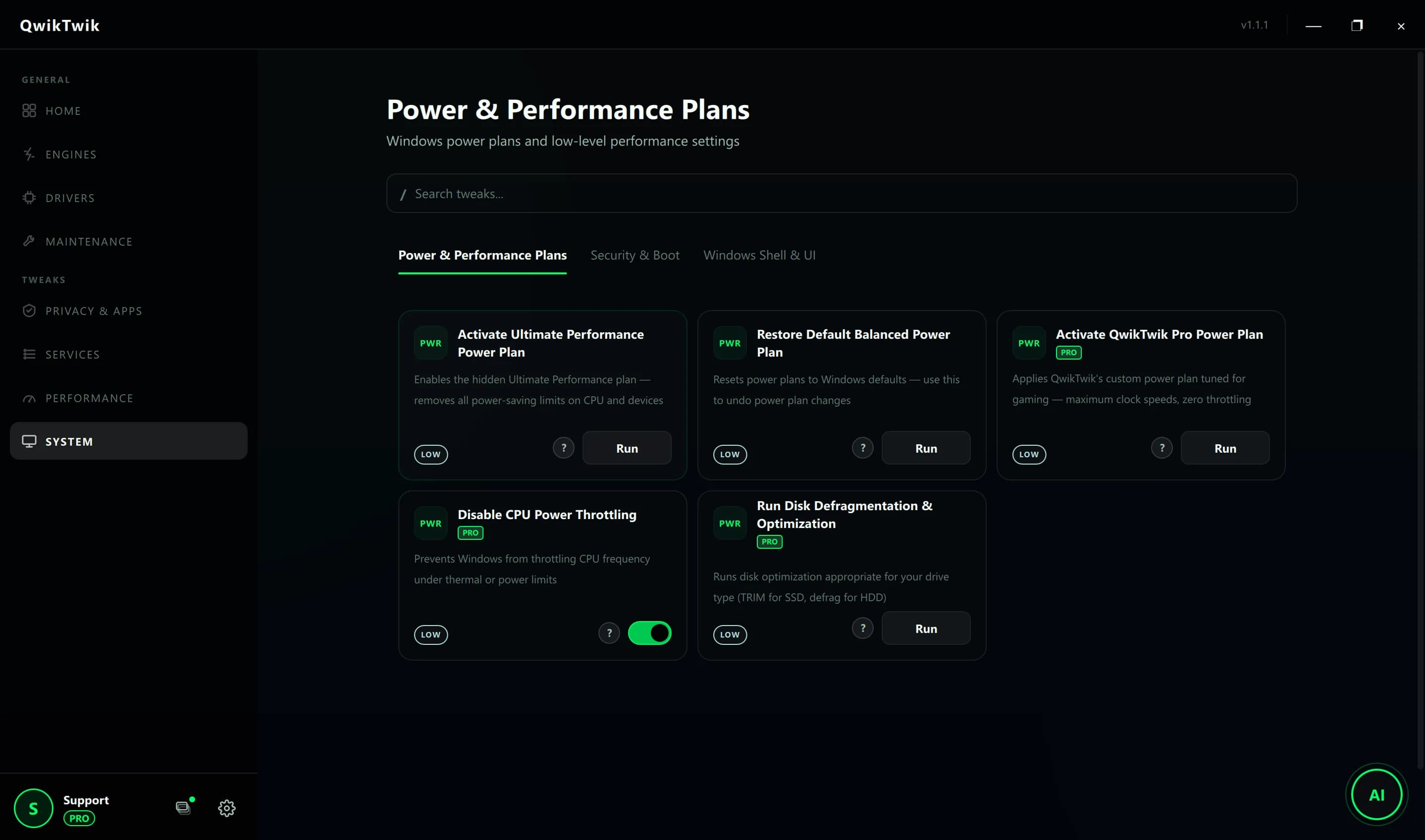 QwikTwik Pro Tweaks Power and Performance tab applying the QwikTwik Pro Desktop power plan