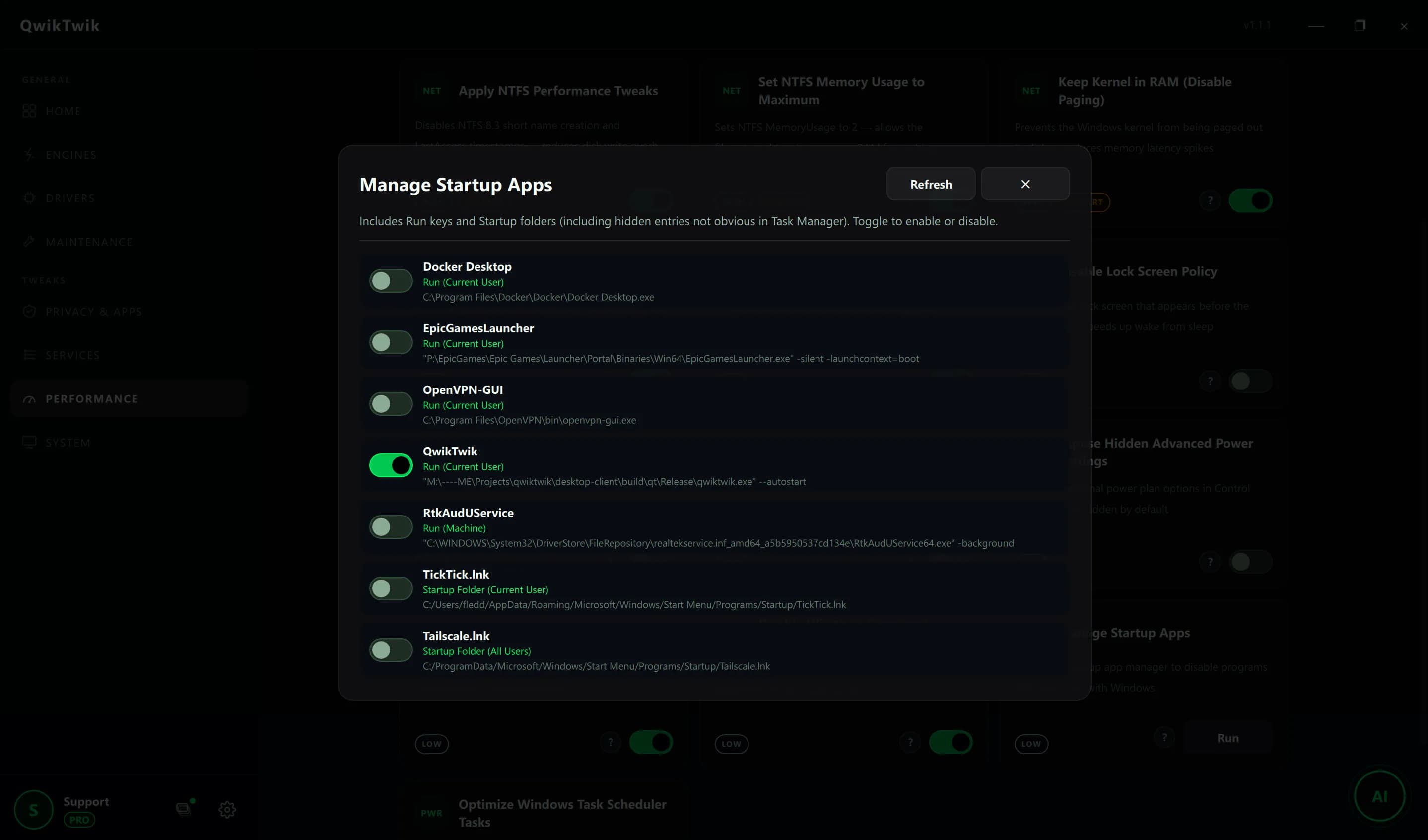 QwikTwik Startup and Storage tab applying NTFS and SSD optimizations for faster game load times