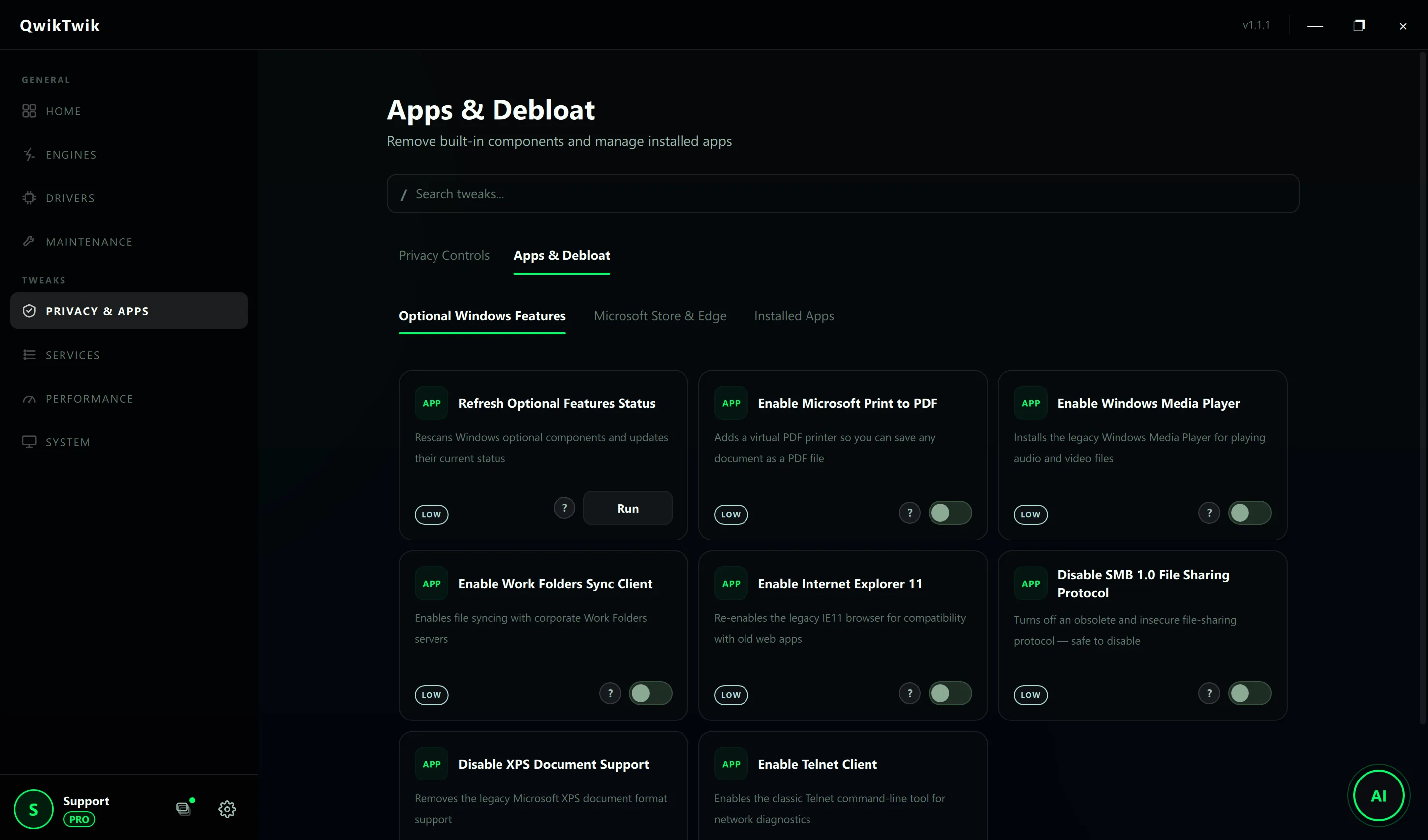 QwikTwik Privacy and Apps tab showing safe debloat categories with restore-point safeguards