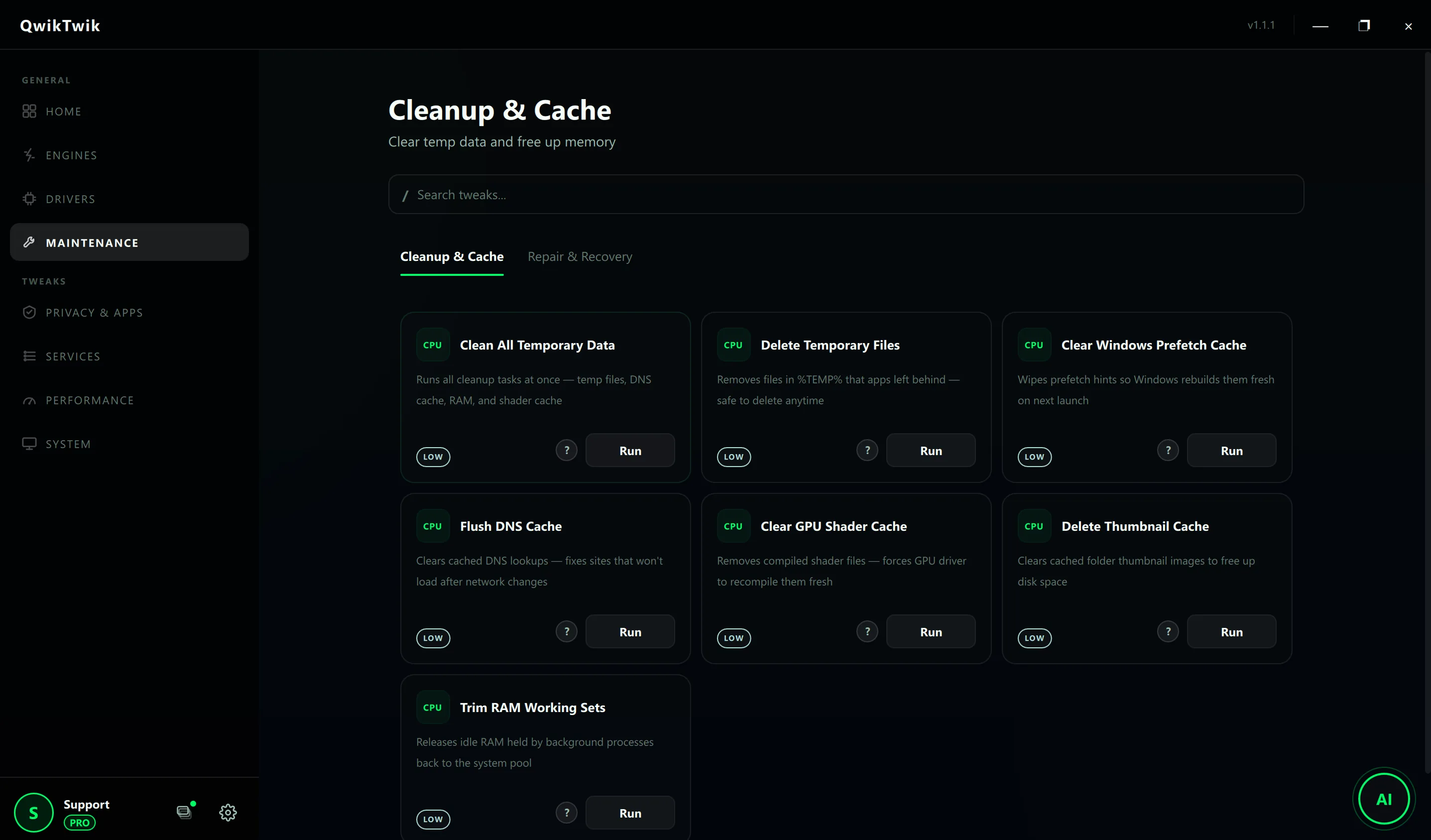 QwikTwik Maintenance Cleanup and Cache tab running on a low-end Windows PC
