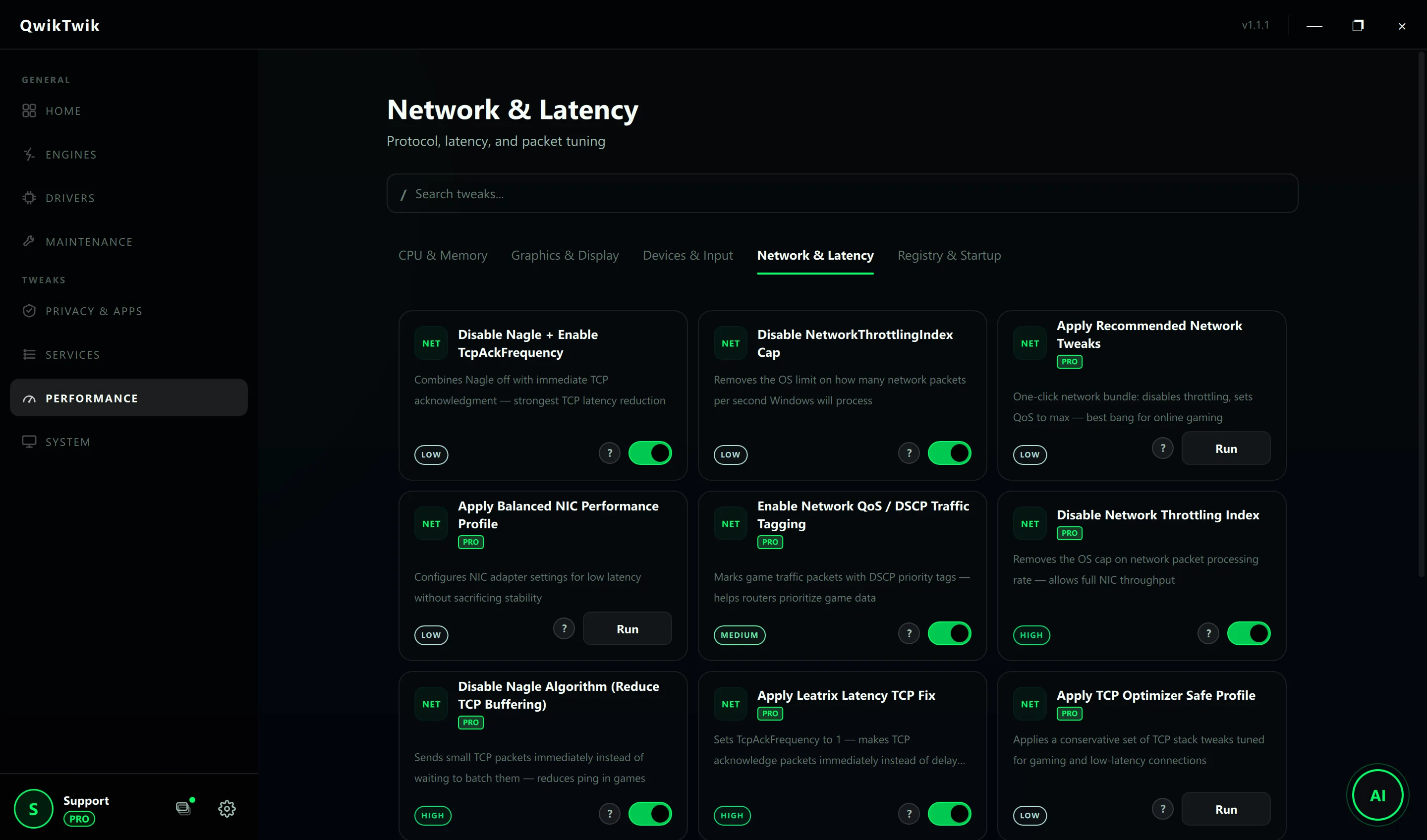 QwikTwik Network Optimization tab with NIC profile and QoS DSCP tagging settings