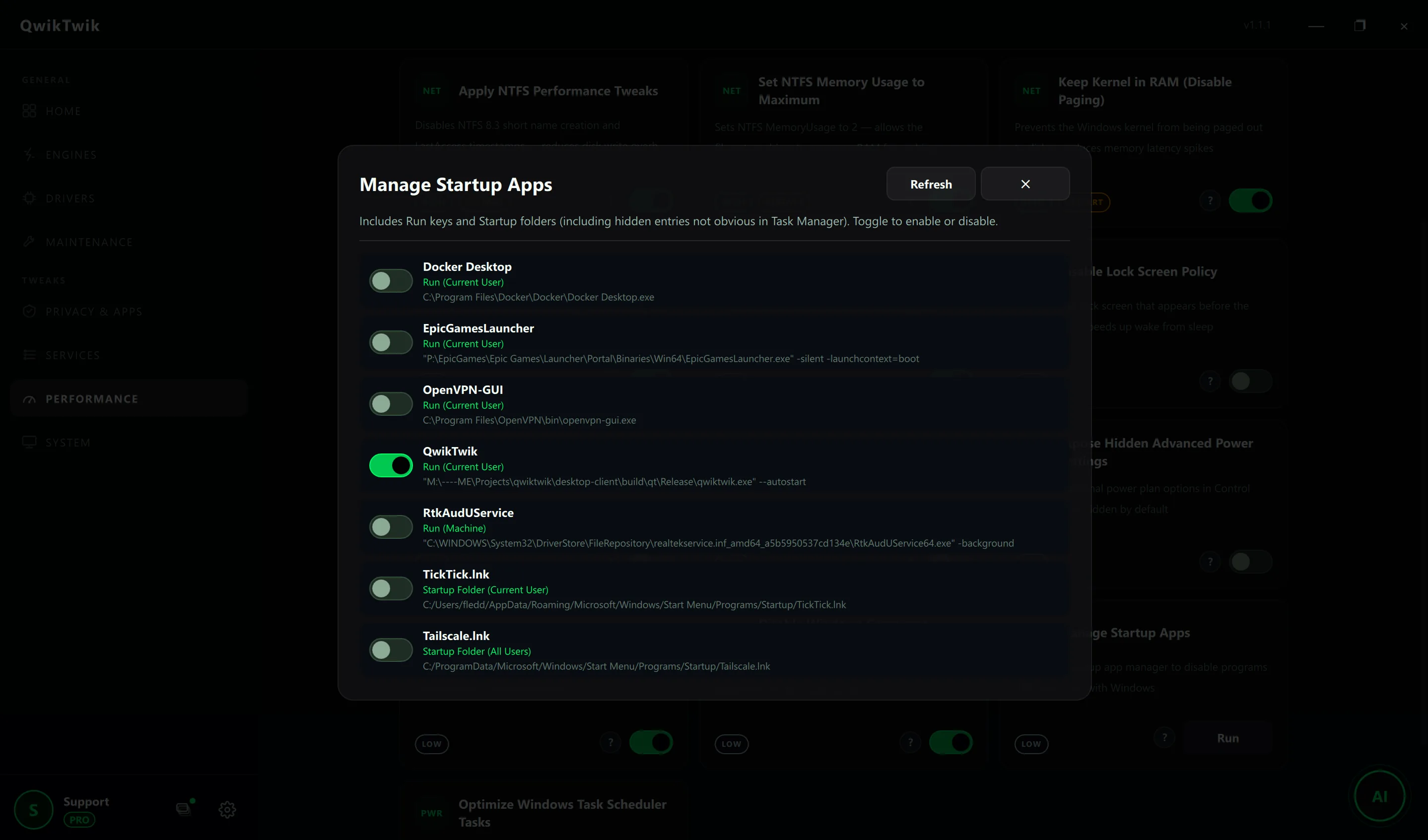 QwikTwik Startup and Storage tab applying NTFS and SSD optimizations for faster game load times