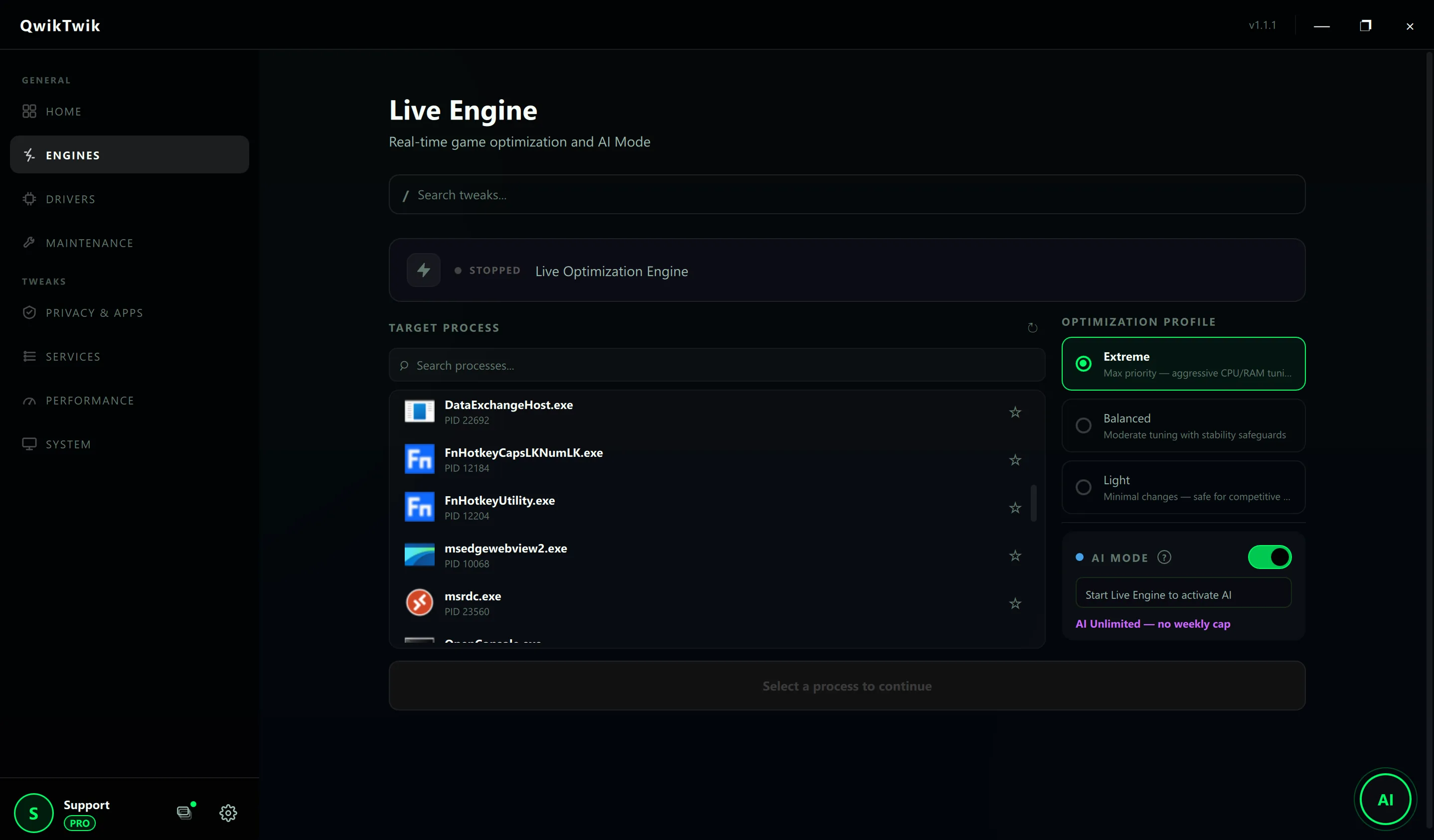 QwikTwik Engines and Maintenance tabs side-by-side, applying Windows 11 gaming optimization profile