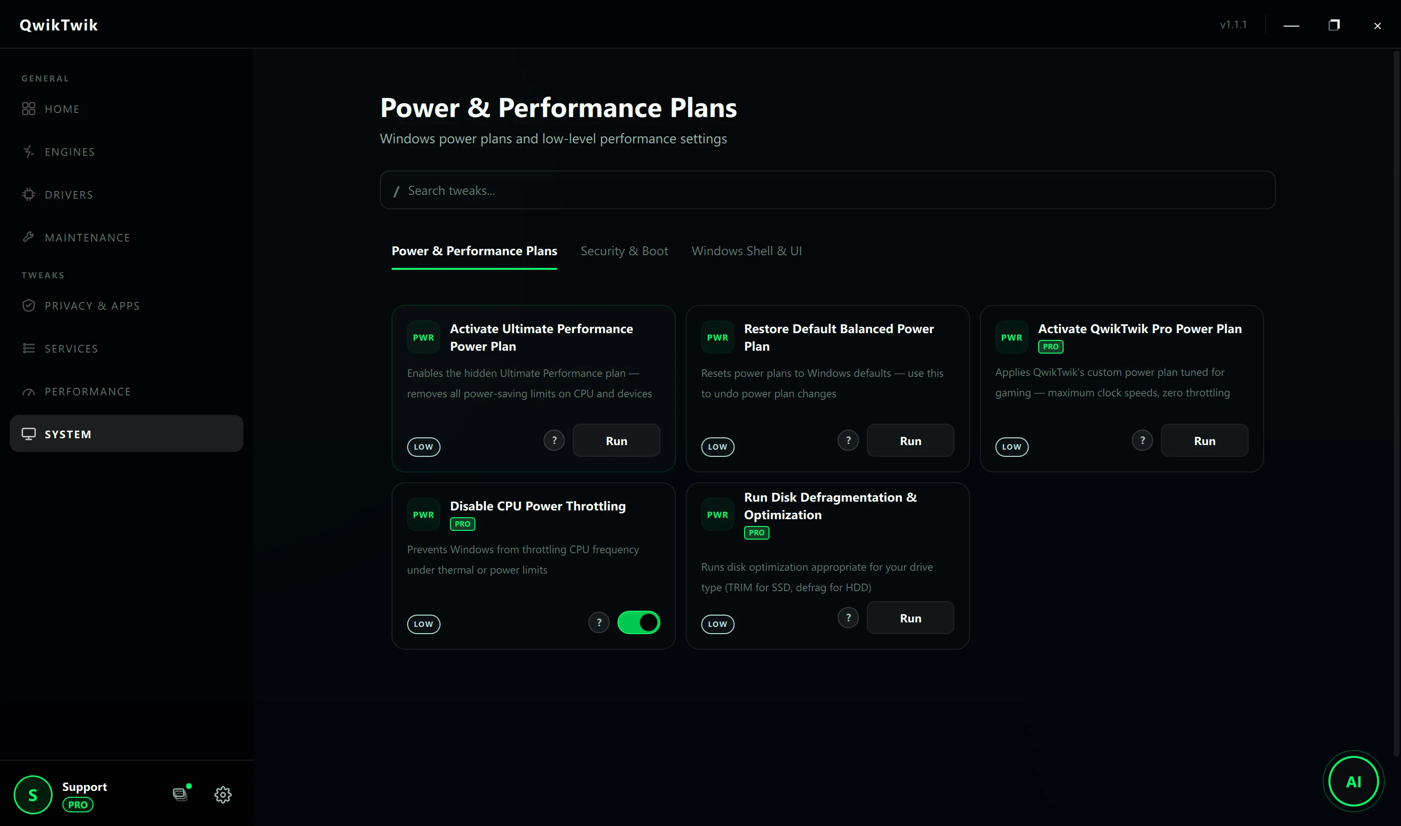 QwikTwik Pro Tweaks Power and Performance tab applying the QwikTwik Pro Desktop power plan